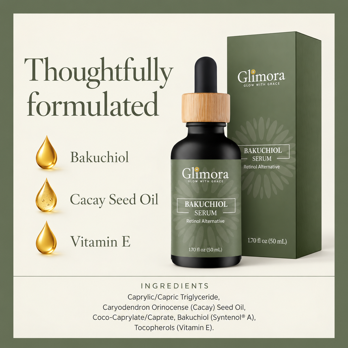 GLIMORA Bakuchiol Serum ingredients: Bakuchiol, Cacay Seed Oil and Vitamin E, with full ingredient list.