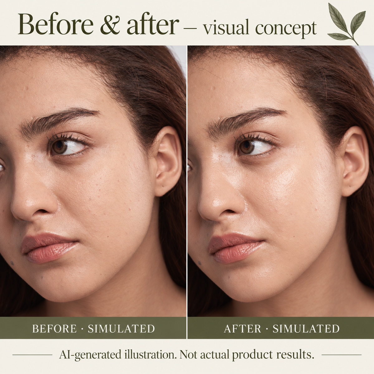 AI-generated before-and-after illustration for GLIMORA Bakuchiol Renewal Serum. Not actual product results.