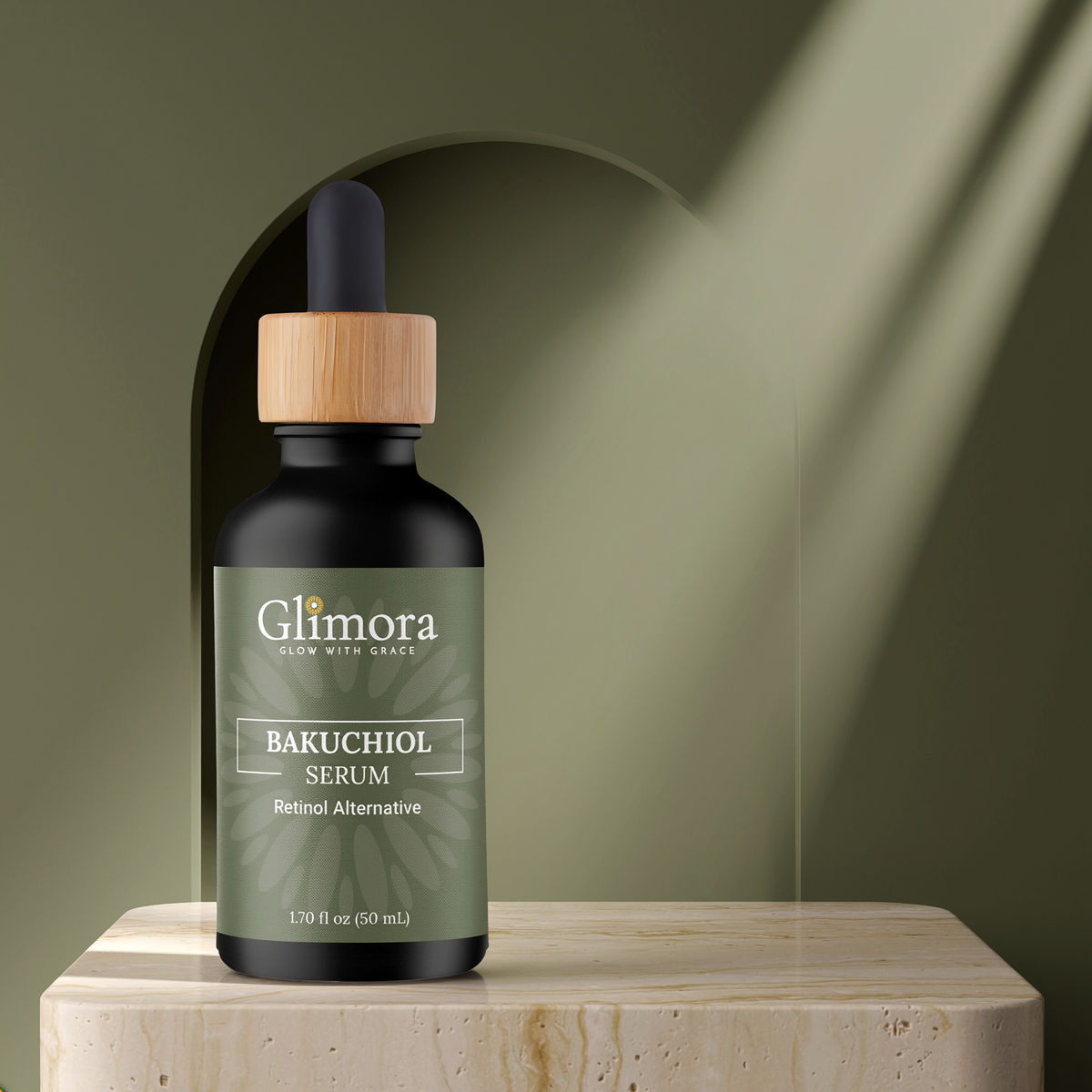GLIMORA Bakuchiol Serum on a stone pedestal.