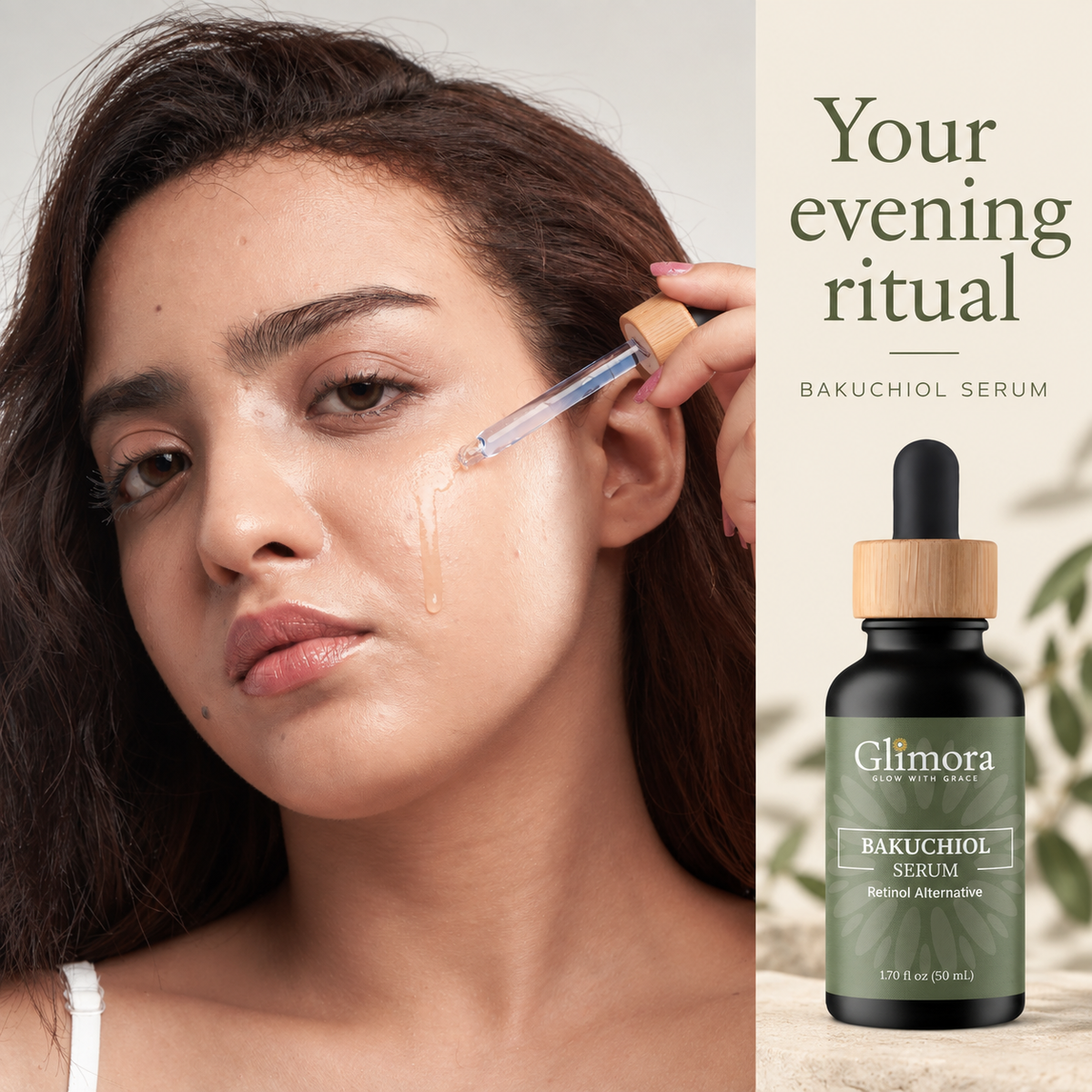 Illustrated evening application ritual for GLIMORA Bakuchiol Serum.