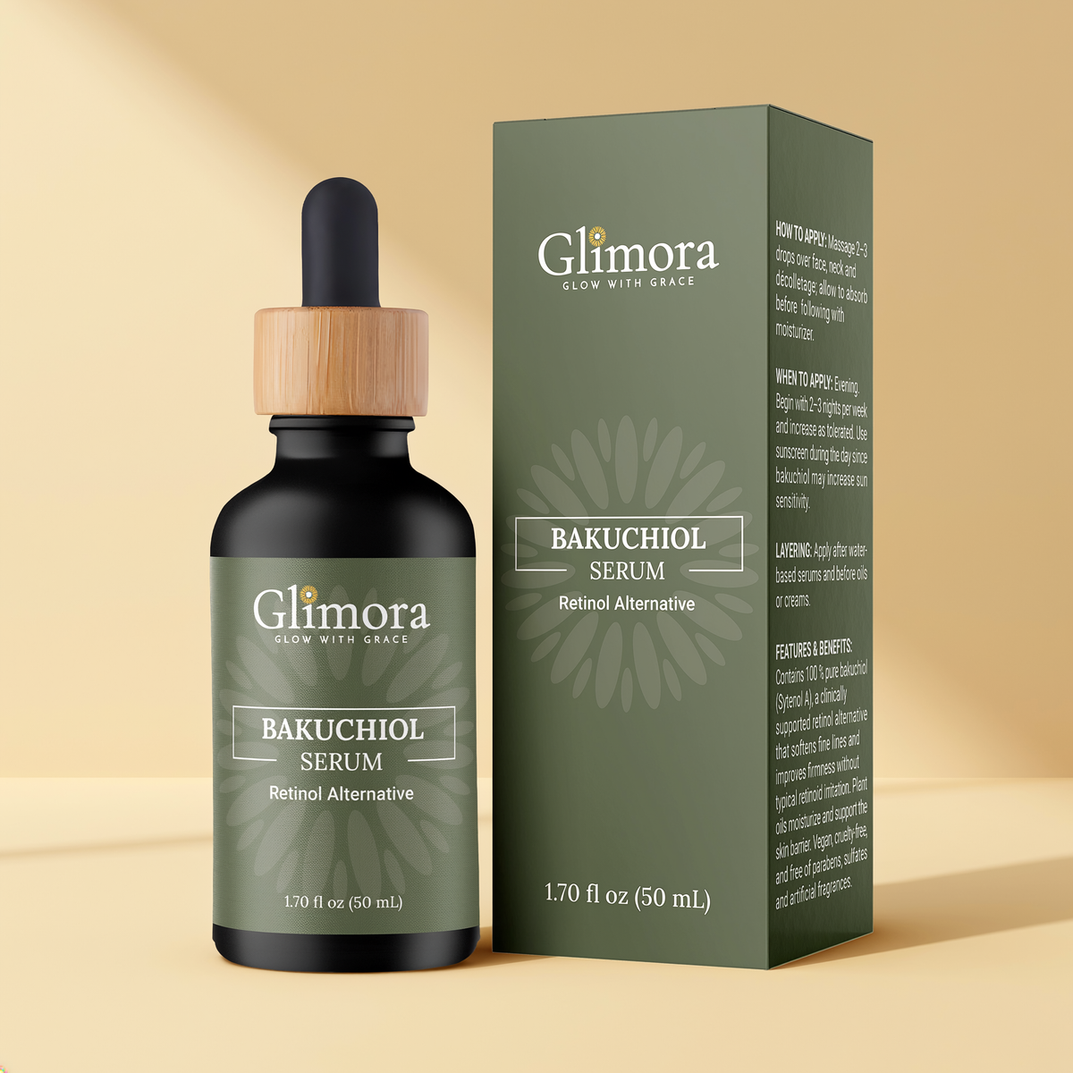 GLIMORA Bakuchiol Serum bottle and box.