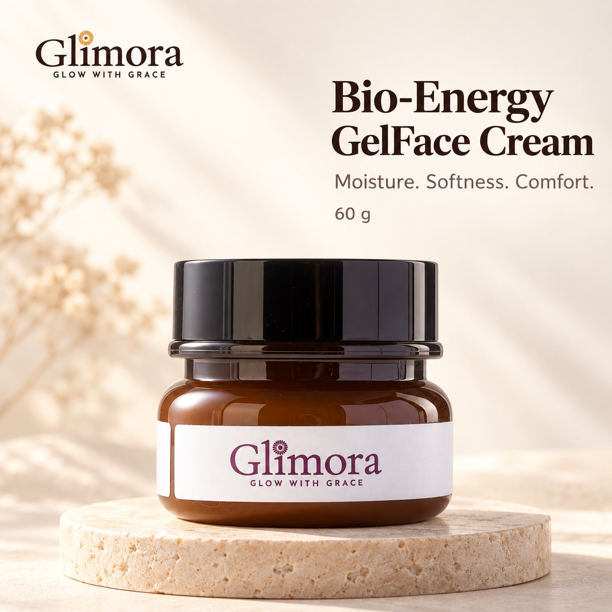 GLIMORA Bio-Energy GelFace Cream 60 g amber jar on an ivory stone pedestal.