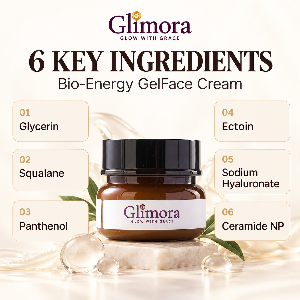 Bio-Energy GelFace Cream with glycerin, squalane, panthenol, ectoin, sodium hyaluronate and Ceramide NP.