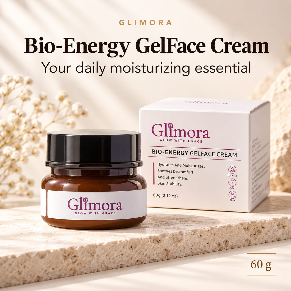 GLIMORA Bio-Energy GelFace Cream 60 g jar with its original white retail box.