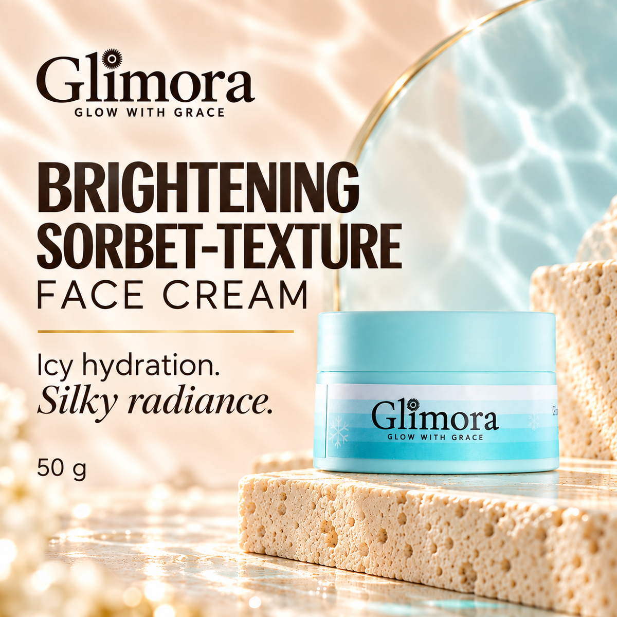 GLIMORA Brightening Sorbet-Texture Face Cream 50 g aqua jar on an ivory pedestal with peach and aqua accents.