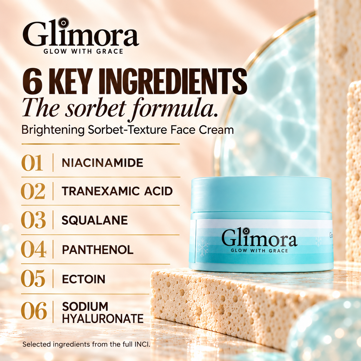 Sorbet cream ingredients: niacinamide, tranexamic acid, squalane, panthenol, ectoin and sodium hyaluronate.