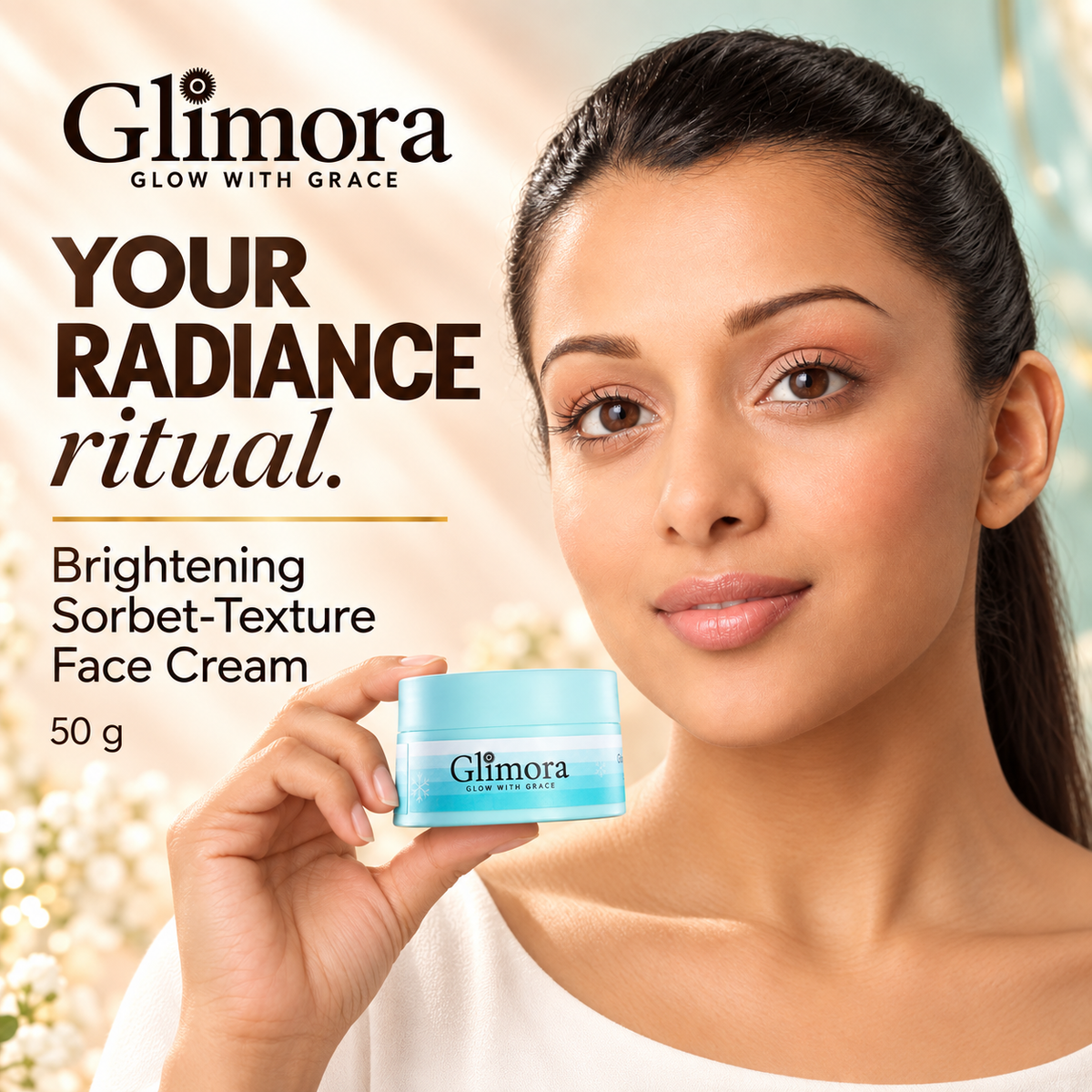 Dark-haired model holding GLIMORA Brightening Sorbet-Texture Face Cream 50 g aqua jar beside her face.