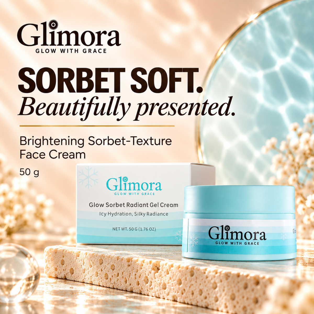 GLIMORA Brightening Sorbet-Texture Face Cream aqua jar and matching white-and-aqua 50 g carton.
