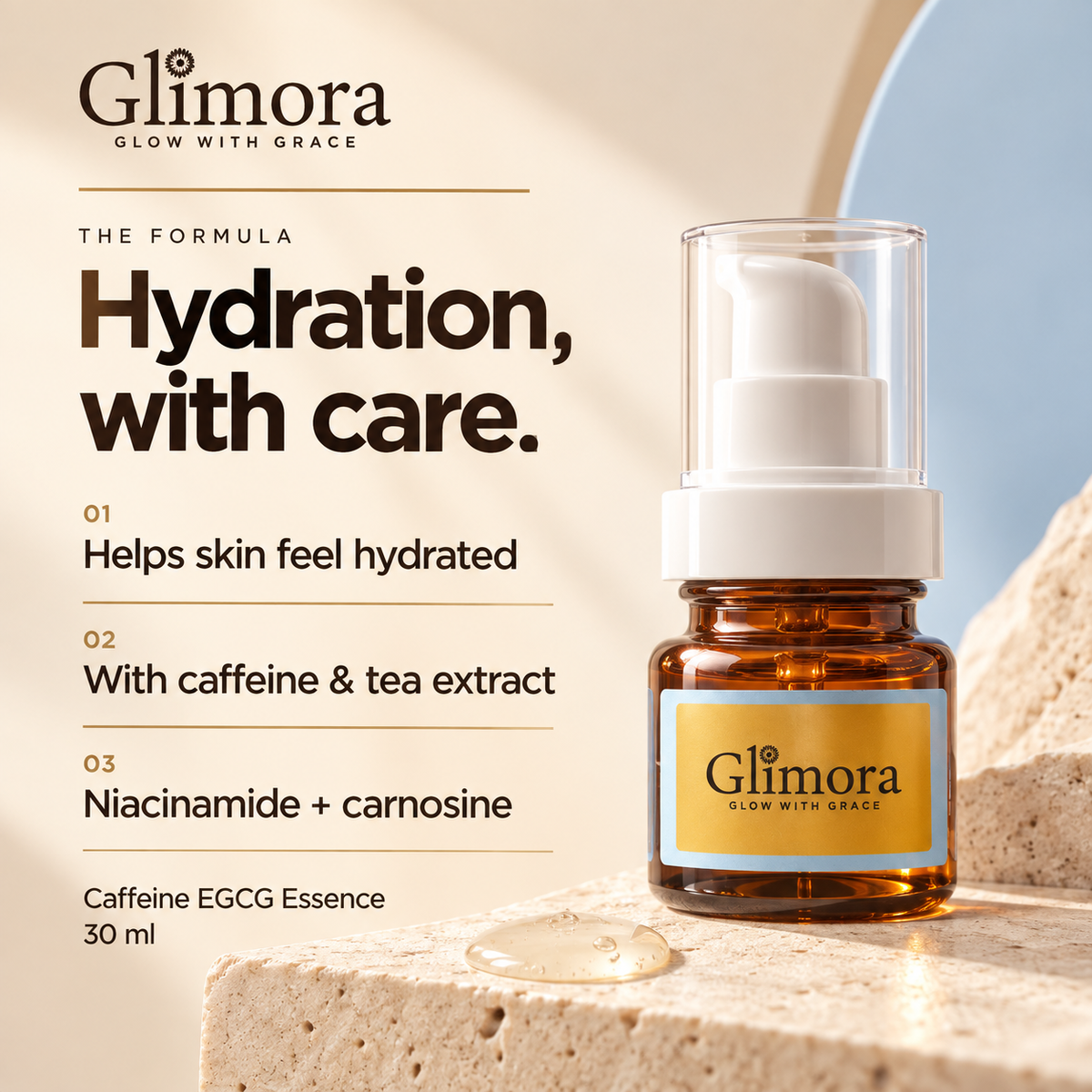 GLIMORA Caffeine EGCG Essence helps skin feel hydrated, with caffeine, tea extract, niacinamide and carnosine.