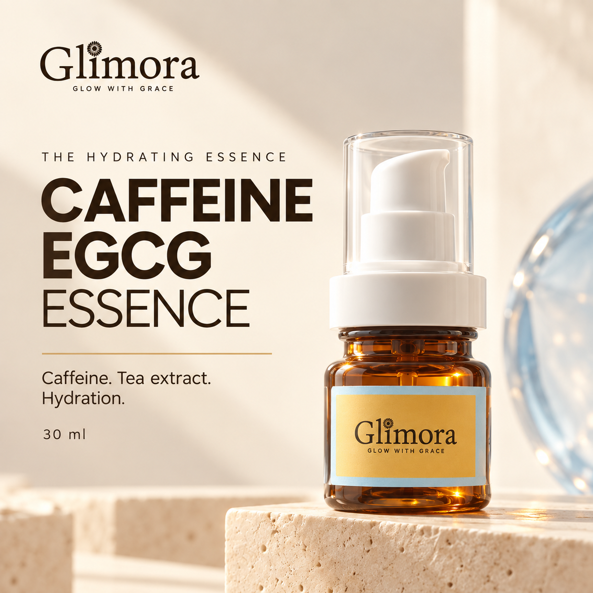 GLIMORA Caffeine EGCG Essence 30 ml amber pump bottle on an ivory stone pedestal.