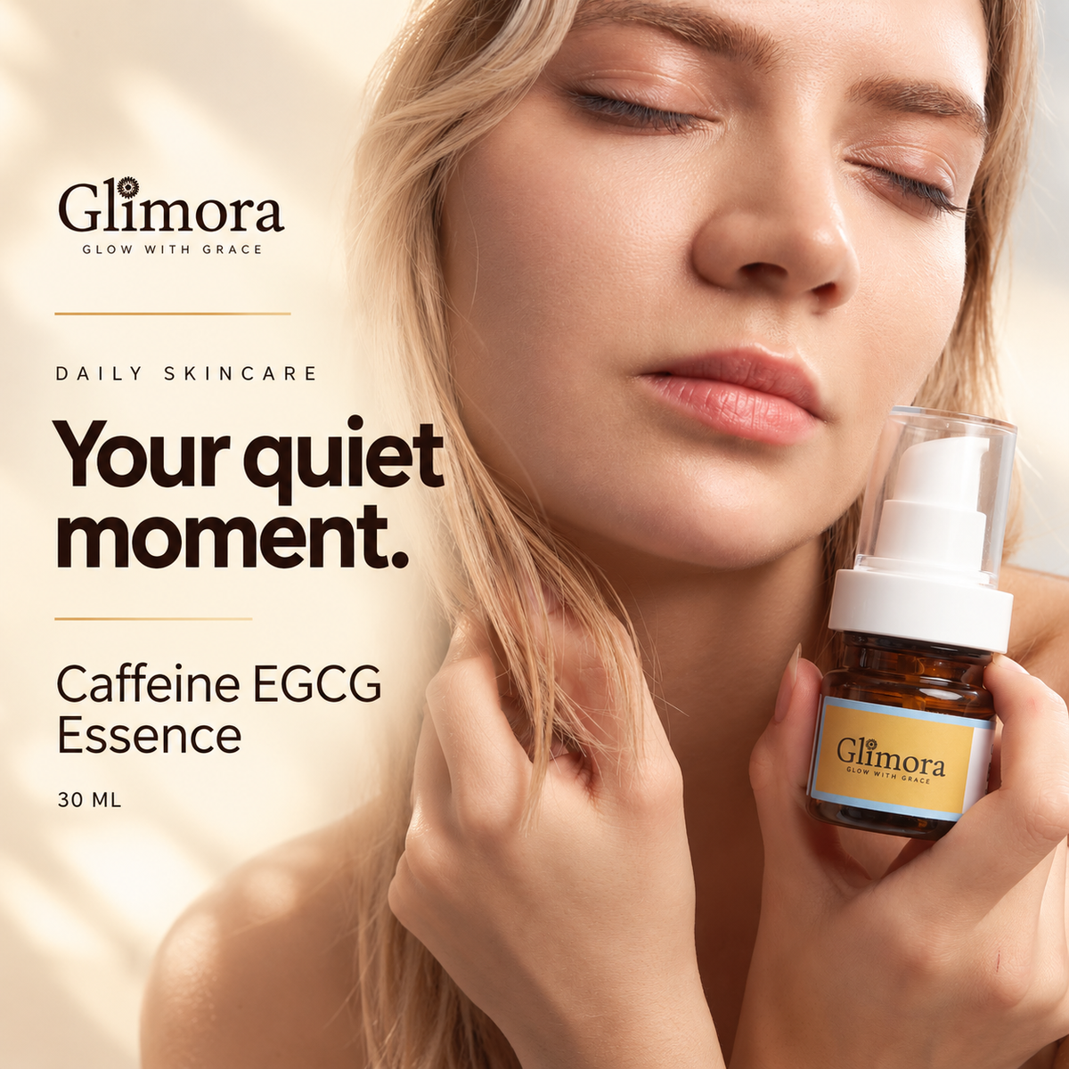 Model holding GLIMORA Caffeine EGCG Essence beside her face against a warm ivory background.