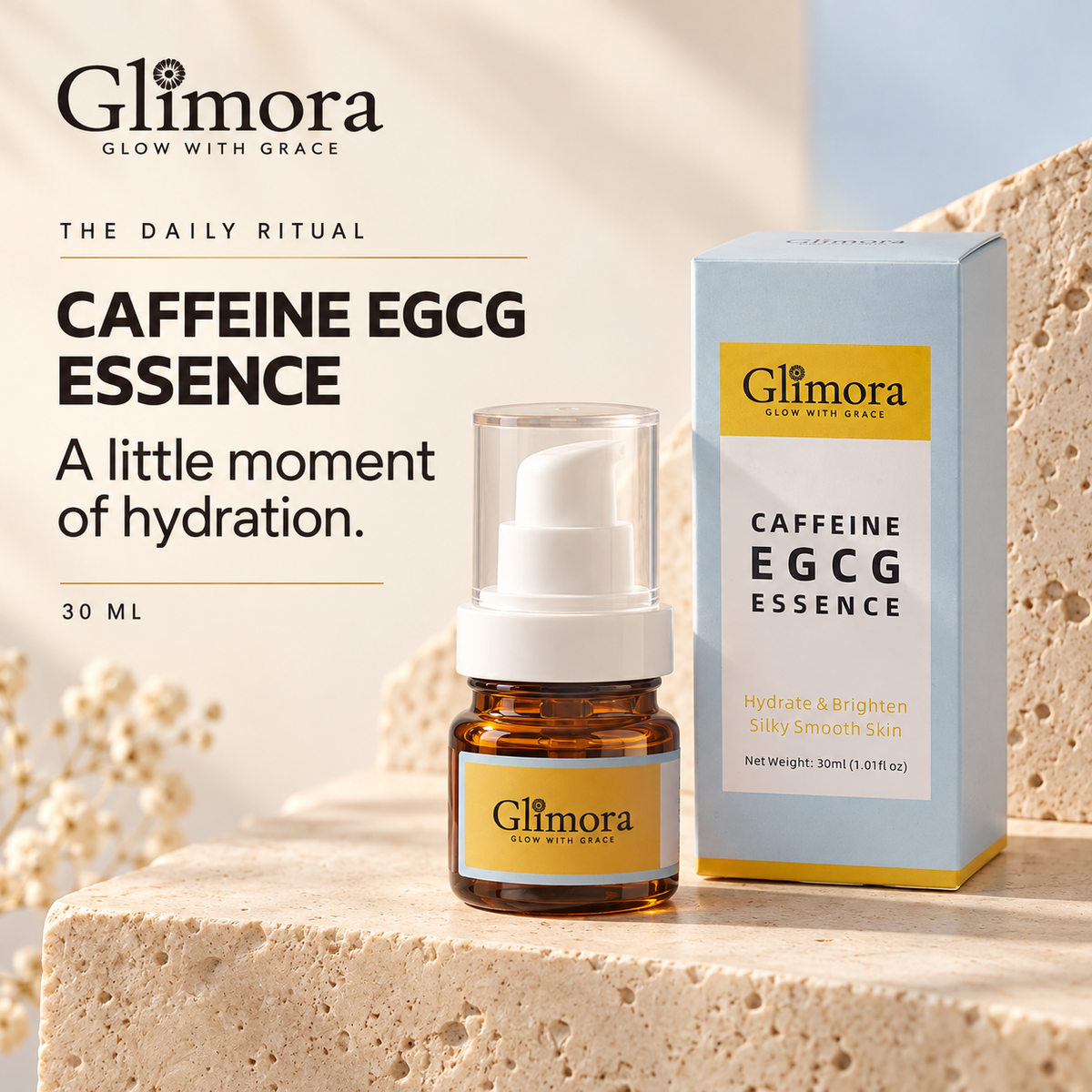 GLIMORA Caffeine EGCG Essence 30 ml bottle with its powder-blue and yellow retail box.