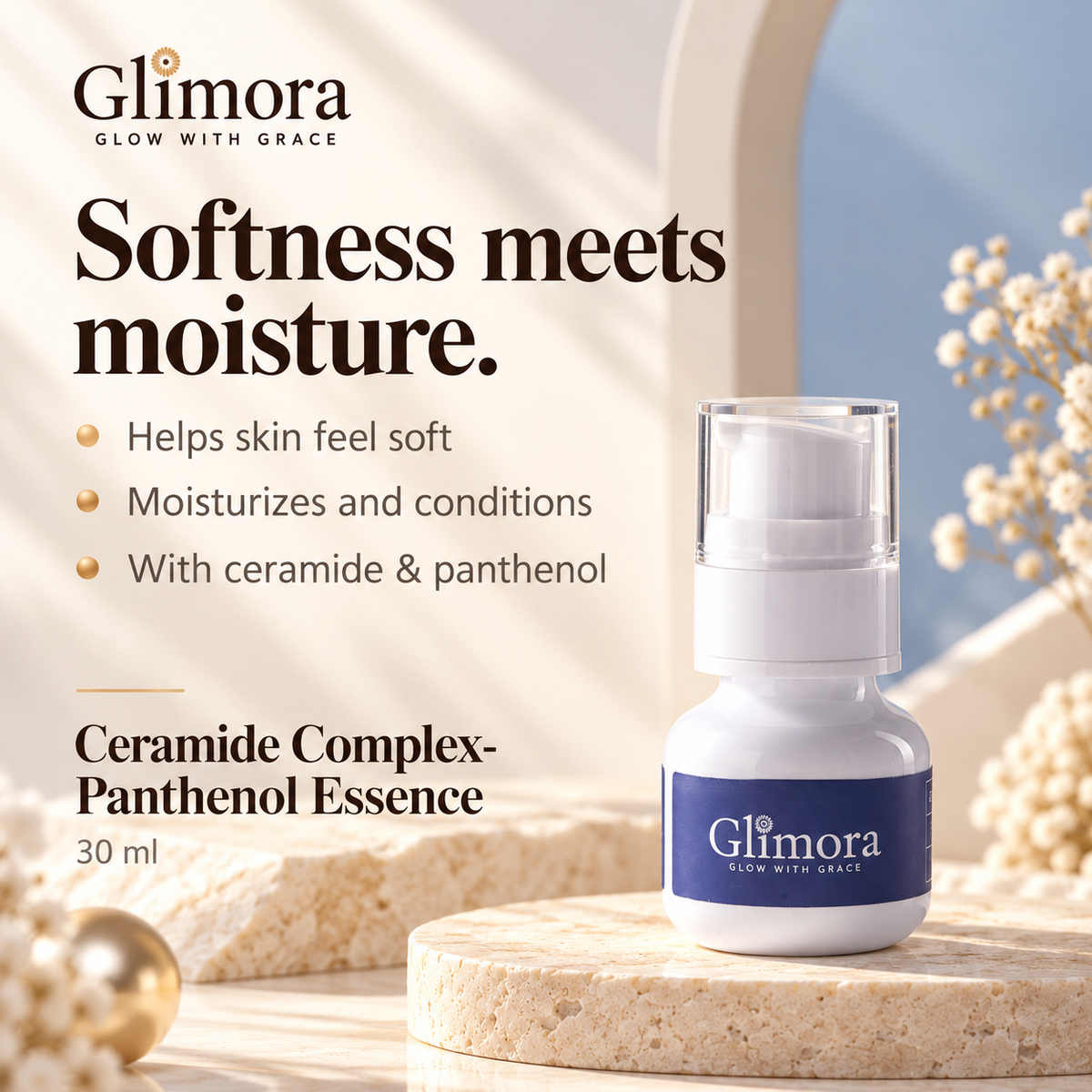 GLIMORA Ceramide Complex-Panthenol Essence helps skin feel soft, moisturizes and conditions, with ceramide and panthenol.