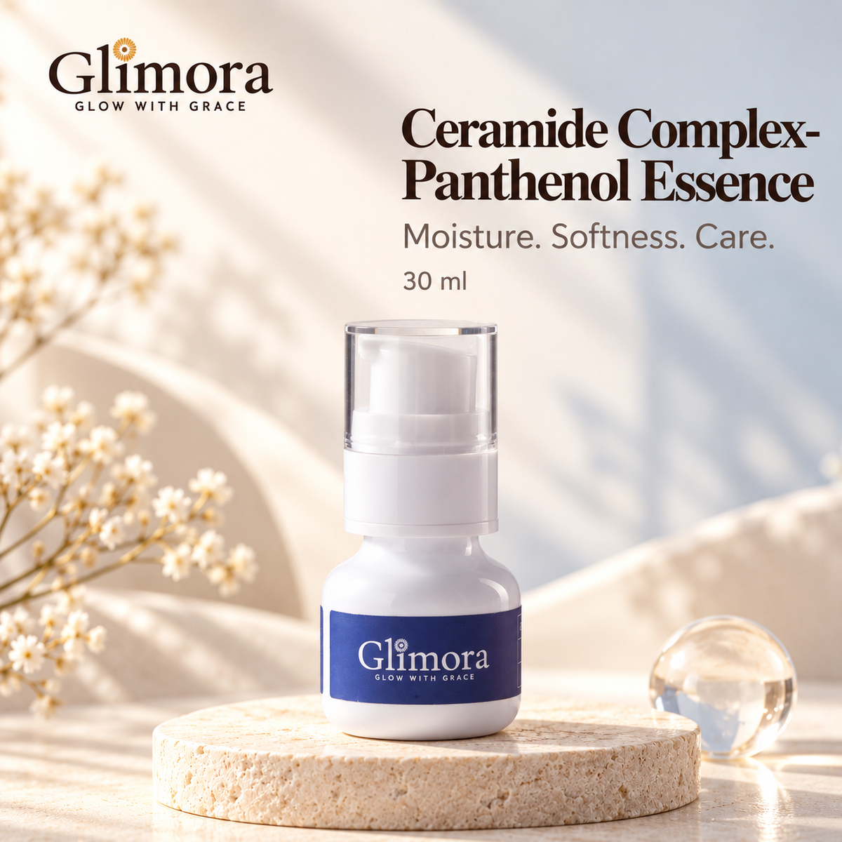 GLIMORA Ceramide Complex-Panthenol Essence 30 ml white pump bottle on an ivory stone pedestal.
