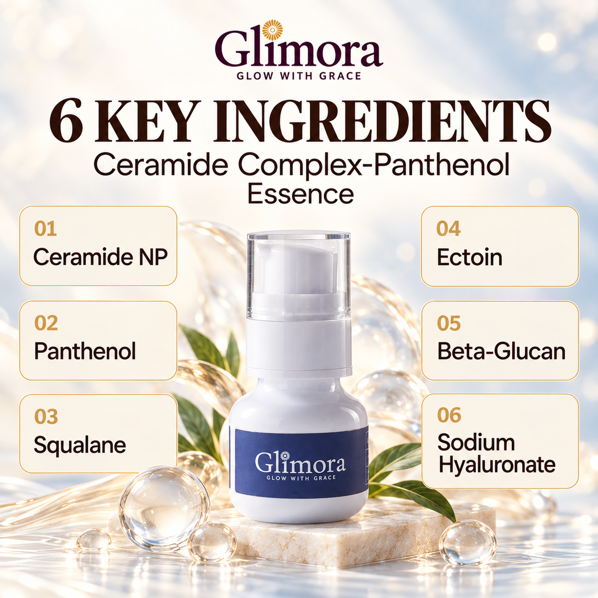 Ceramide Essence ingredients: Ceramide NP, panthenol, squalane, ectoin, beta-glucan and sodium hyaluronate.