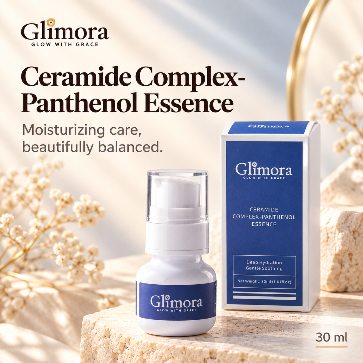 GLIMORA Ceramide Complex-Panthenol Essence 30 ml bottle with its blue and white retail box.