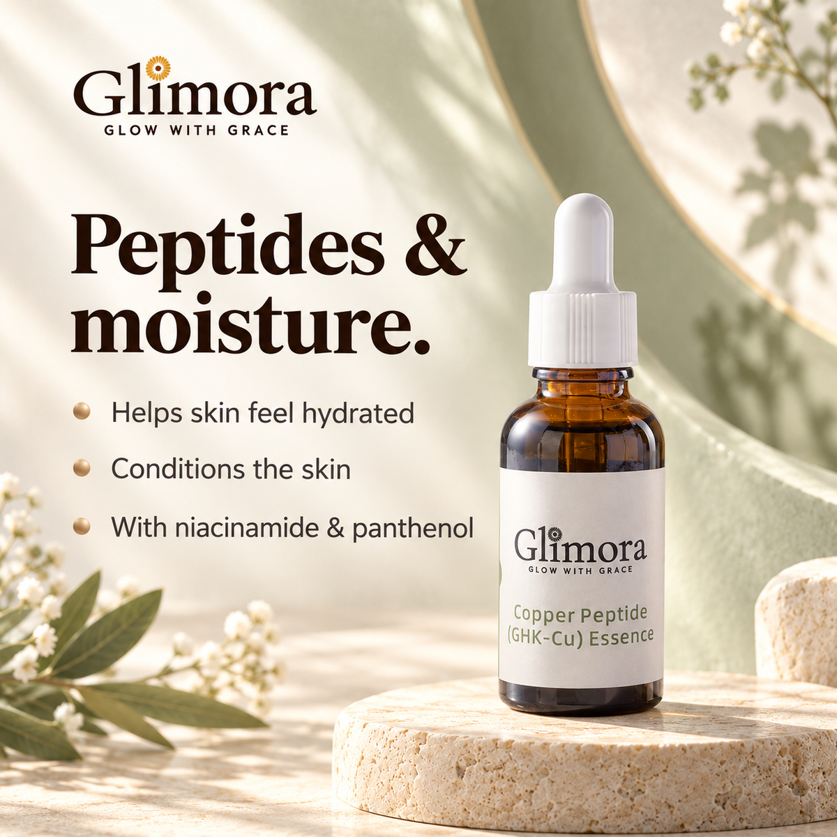 GLIMORA Copper Peptide Essence helps skin feel hydrated and conditioned, with niacinamide and panthenol.
