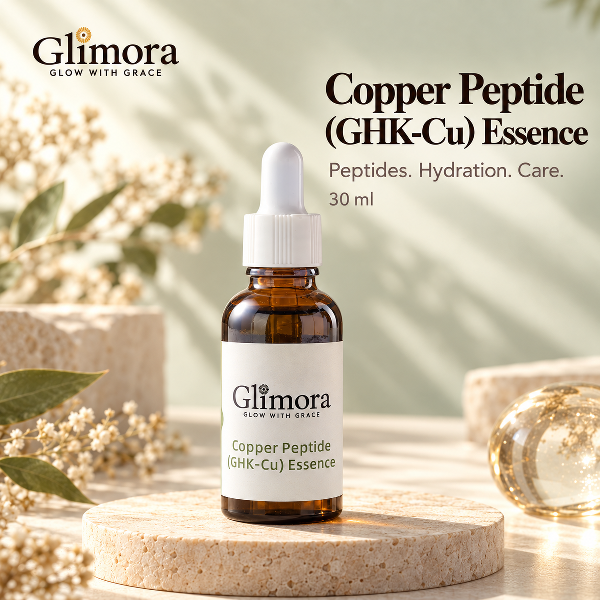 GLIMORA Copper Peptide (GHK-Cu) Essence 30 ml amber dropper bottle on an ivory pedestal.