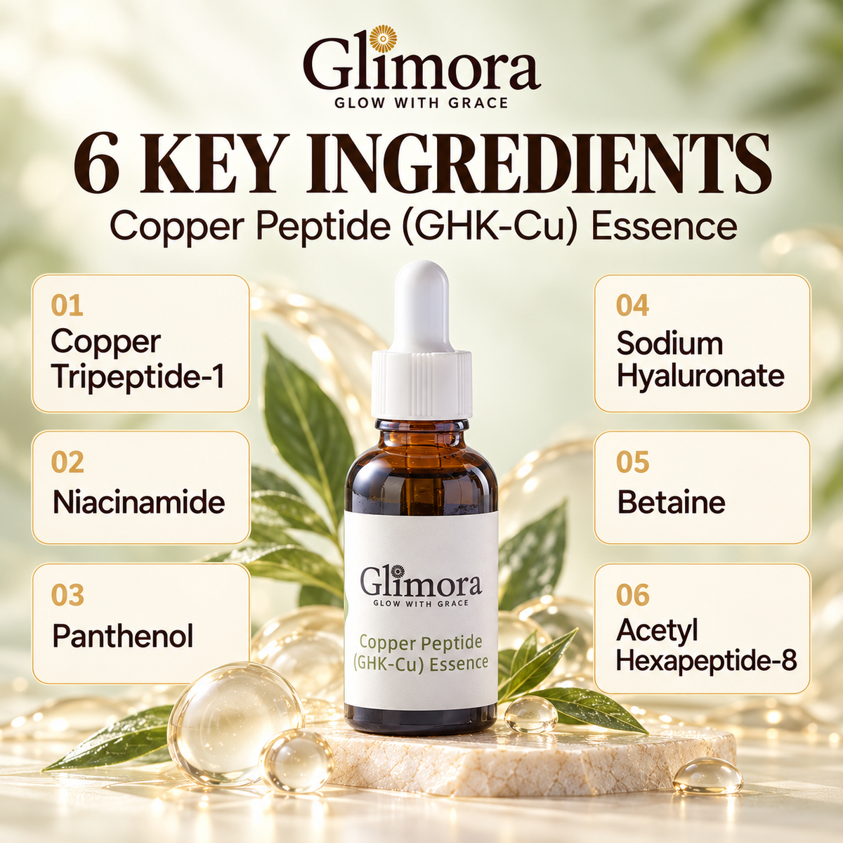 Copper Peptide Essence ingredients: Copper Tripeptide-1, niacinamide, panthenol, sodium hyaluronate, betaine and Acetyl Hexapeptide-8.
