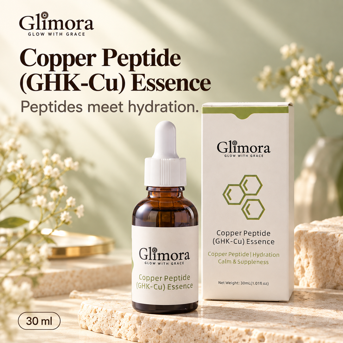 GLIMORA Copper Peptide (GHK-Cu) Essence 30 ml bottle with its ivory and sage retail box.