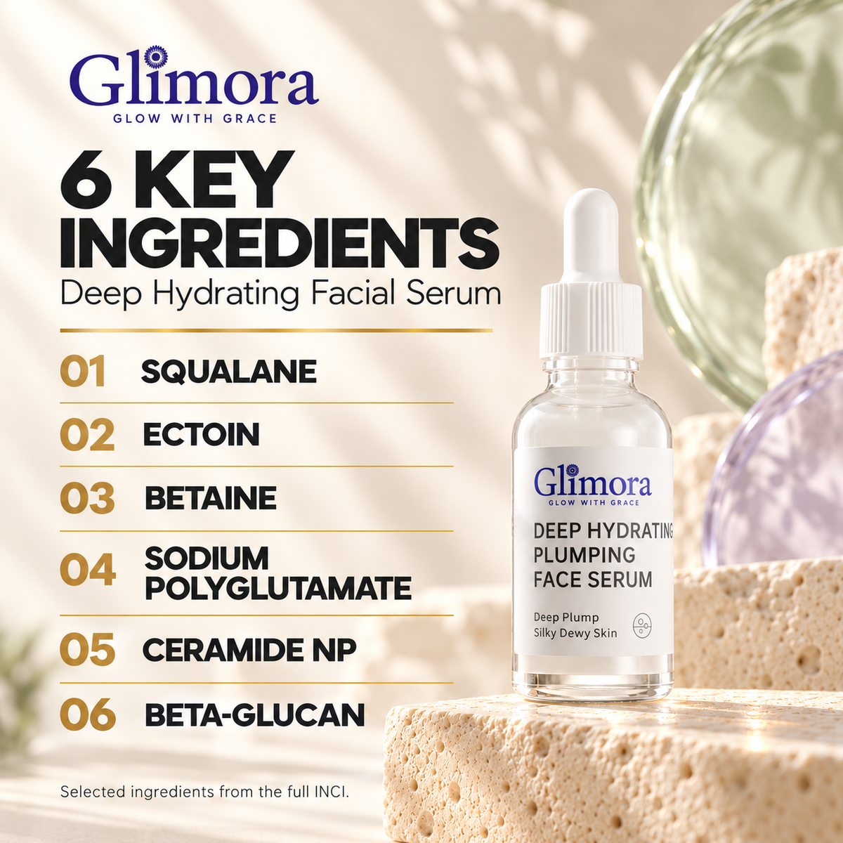 Deep Hydrating Serum ingredients: squalane, ectoin, betaine, sodium polyglutamate, Ceramide NP and beta-glucan.