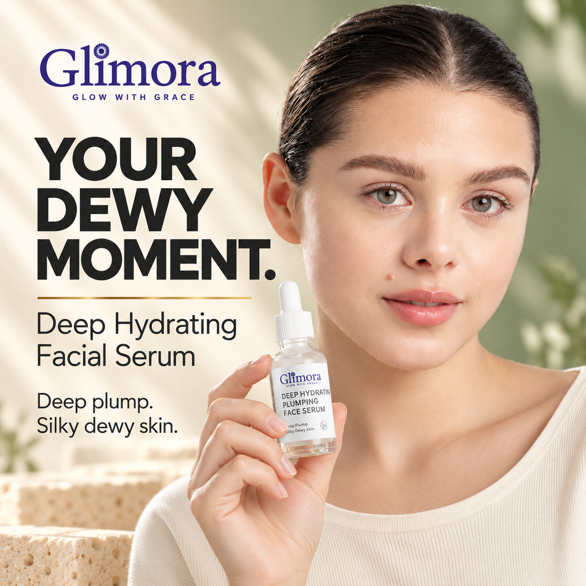 Dark-haired model holding GLIMORA Deep Hydrating Facial Serum beside her face against an ivory and sage backdrop.