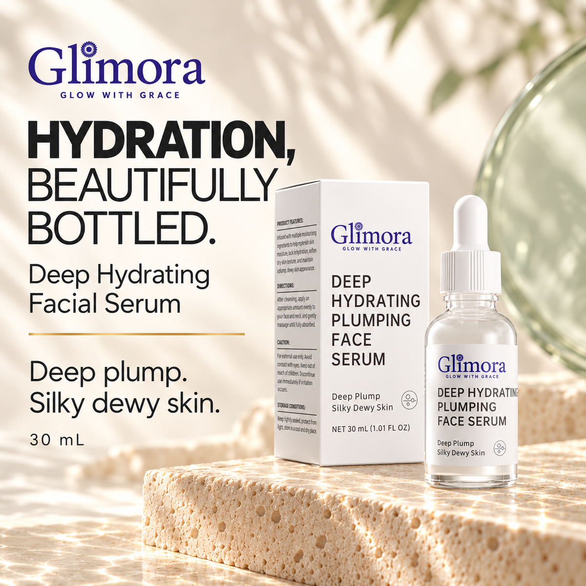 GLIMORA Deep Hydrating Facial Serum bottle and white 30 mL carton with blue-violet branding.