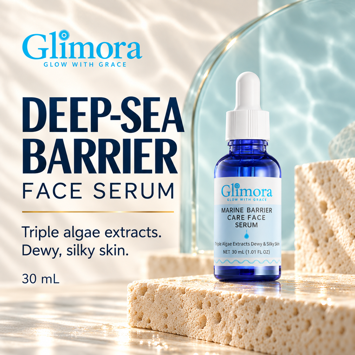 GLIMORA Deep-Sea Barrier Face Serum 30 mL cobalt-blue bottle with white dropper on an ivory stone pedestal.