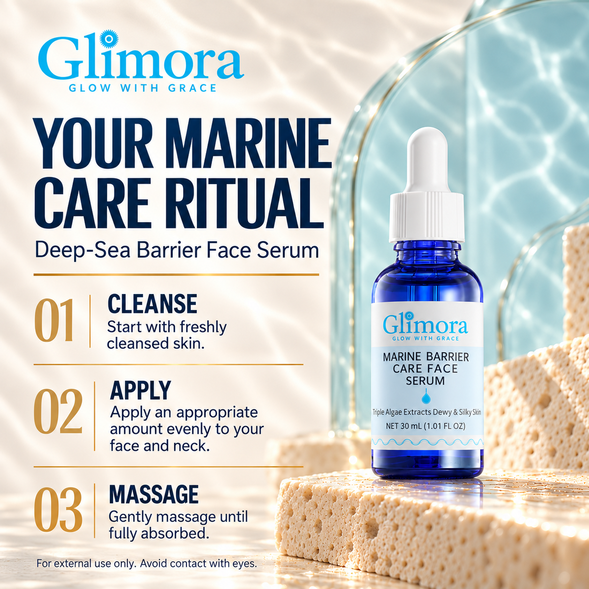 How to use GLIMORA Deep-Sea Barrier Face Serum: cleanse, apply evenly to face and neck, and massage until absorbed.