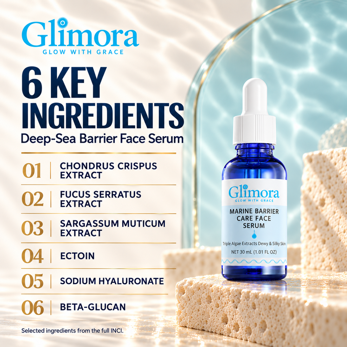 Deep-Sea Serum with Chondrus Crispus, Fucus Serratus and Sargassum Muticum extracts, ectoin, sodium hyaluronate and beta-glucan.