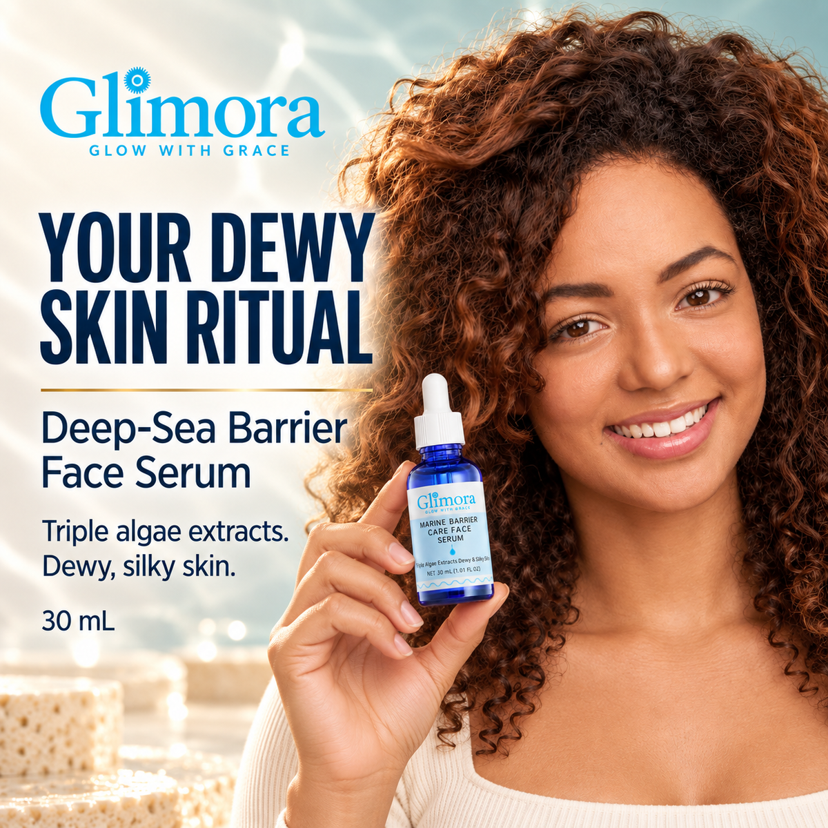Smiling curly-haired model holding GLIMORA Deep-Sea Barrier Face Serum against a pale blue and ivory background.