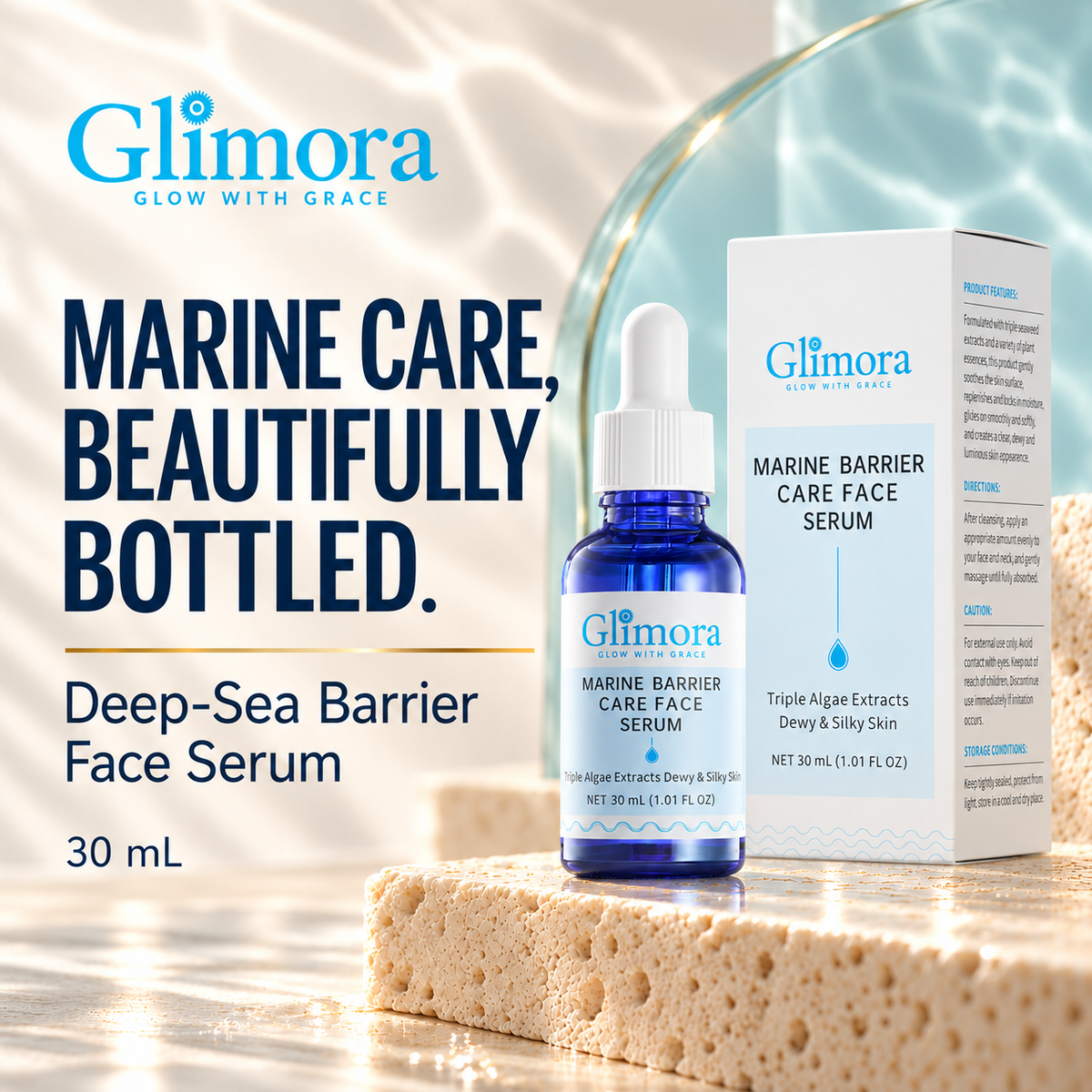 GLIMORA Deep-Sea Barrier Face Serum blue bottle and white 30 mL carton with pale-blue and cyan branding.