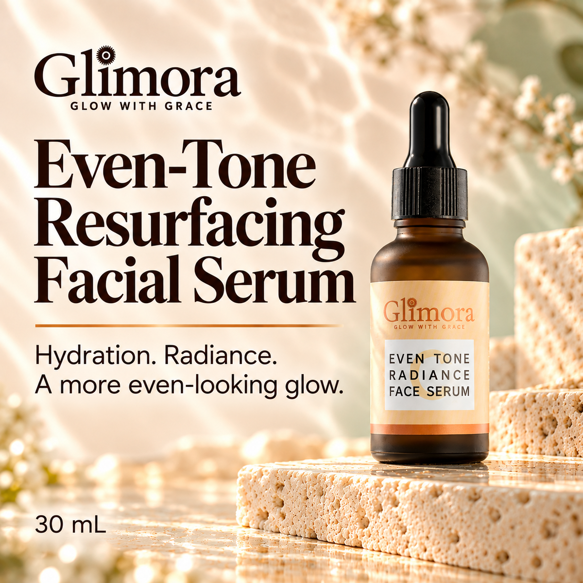 GLIMORA Even-Tone Resurfacing Facial Serum 30 mL amber dropper bottle on ivory stone with champagne and apricot tones.