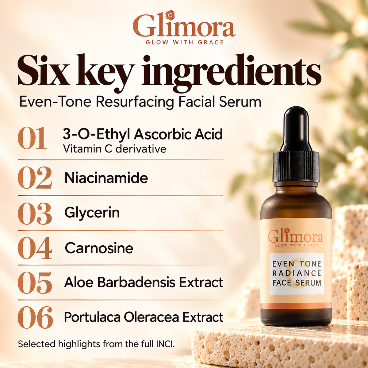 Six key ingredients: 3-O-Ethyl Ascorbic Acid, niacinamide, glycerin, carnosine, aloe and Portulaca Oleracea extract.