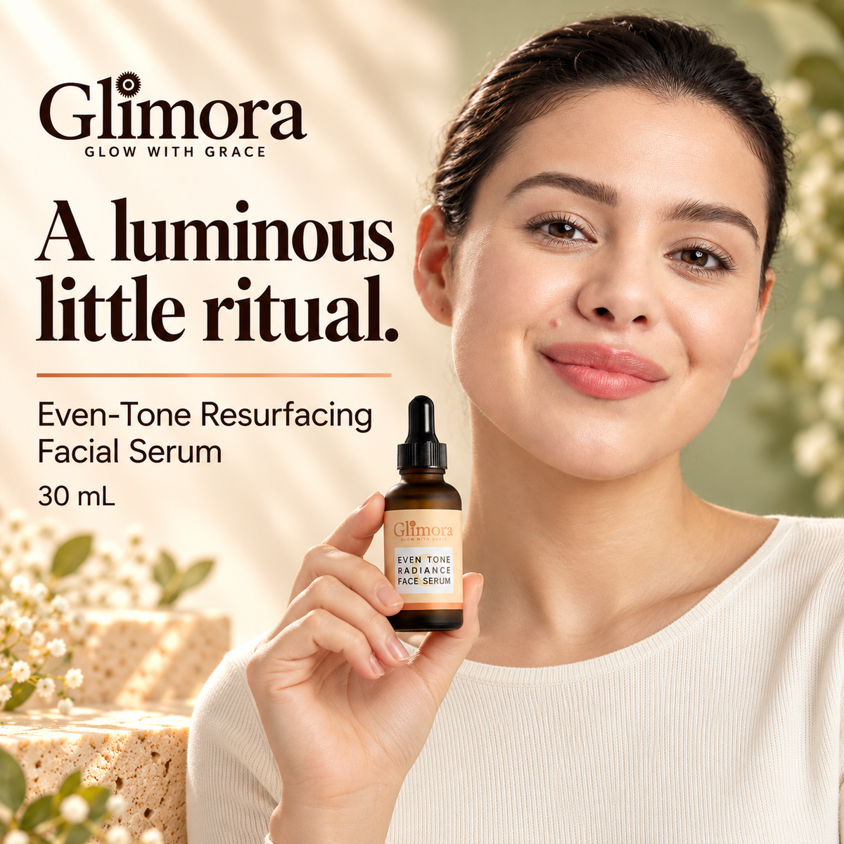 Model holding GLIMORA Even-Tone Resurfacing Facial Serum 30 mL amber dropper bottle against a warm ivory and sage background.