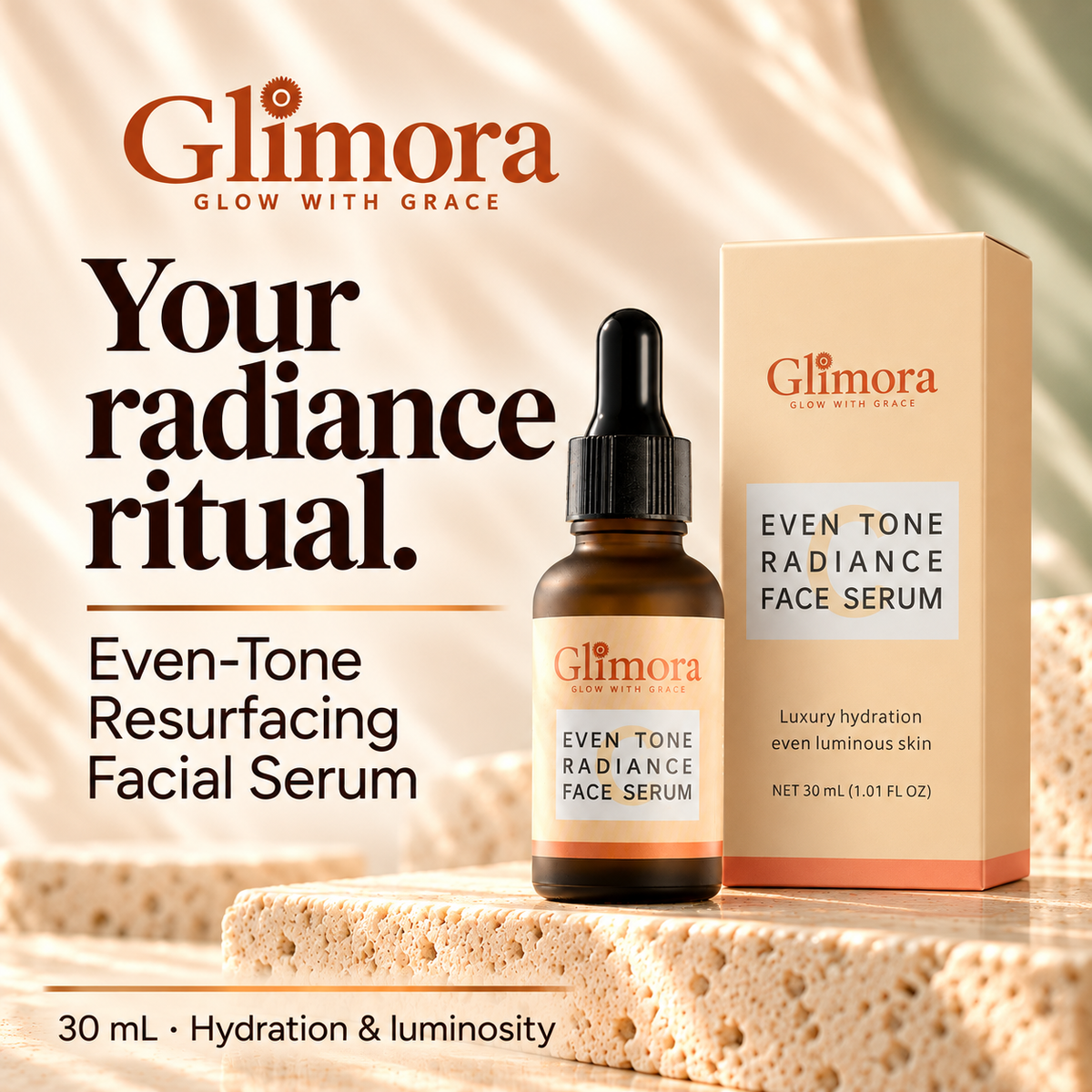 GLIMORA Even-Tone Resurfacing Facial Serum amber bottle and peach carton labeled Even Tone Radiance Face Serum, 30 mL.