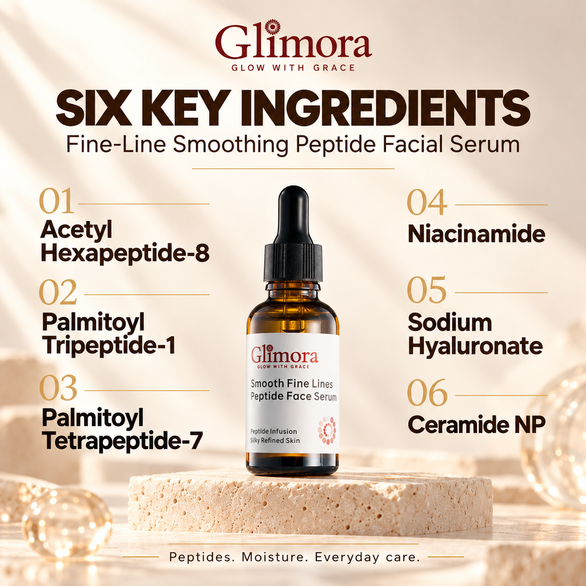 Peptide serum with Acetyl Hexapeptide-8, Palmitoyl Tripeptide-1, Palmitoyl Tetrapeptide-7, niacinamide, sodium hyaluronate and Ceramide NP.