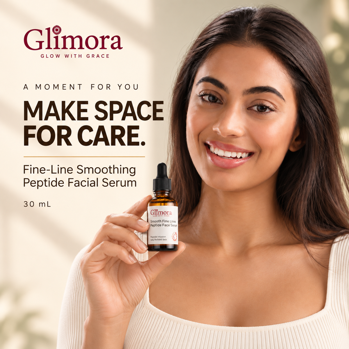 Smiling dark-haired model holding GLIMORA Fine-Line Smoothing Peptide Facial Serum beneath her face.