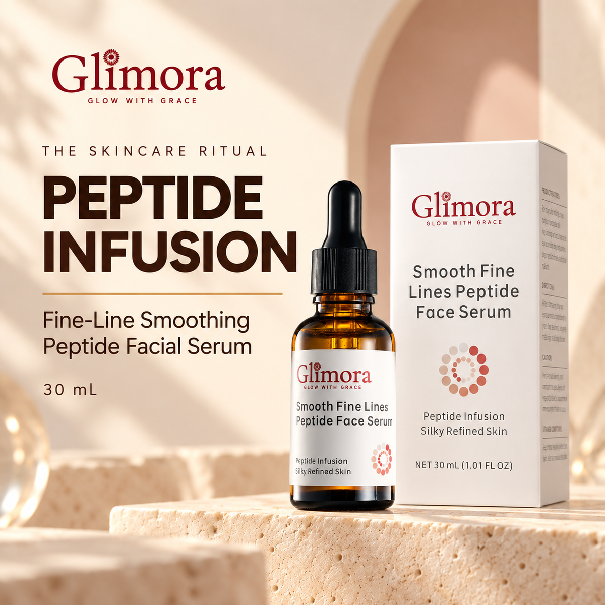 GLIMORA Fine-Line Smoothing Peptide Facial Serum bottle and white 30 mL carton with burgundy branding.