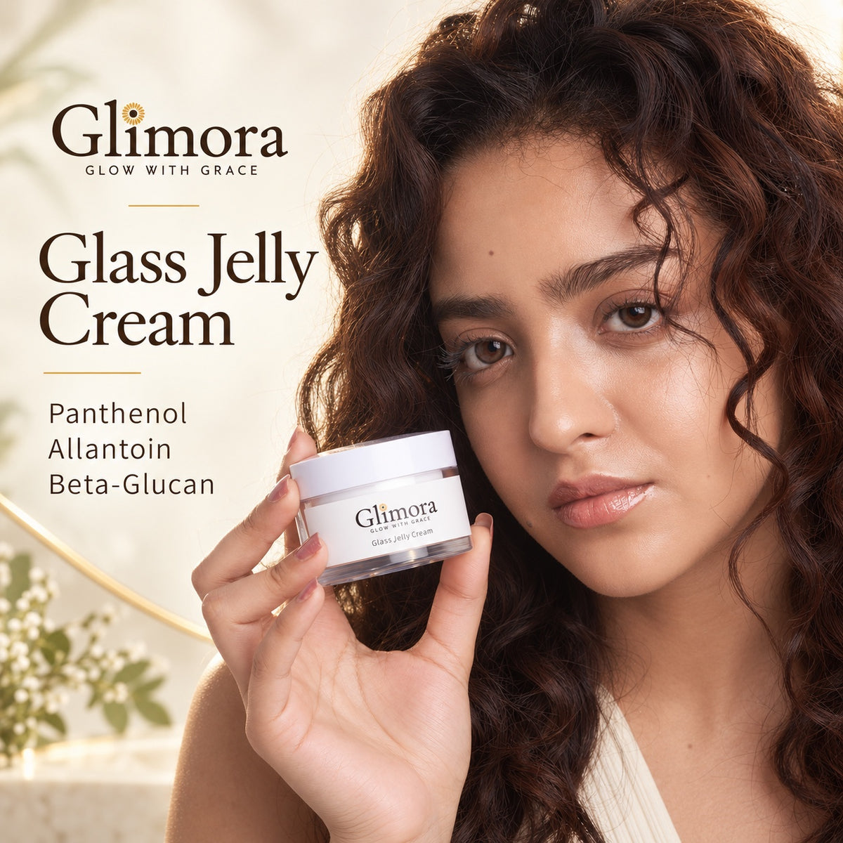 Model holding GLIMORA Glass Jelly Cream with panthenol, allantoin and beta-glucan ingredient highlights.