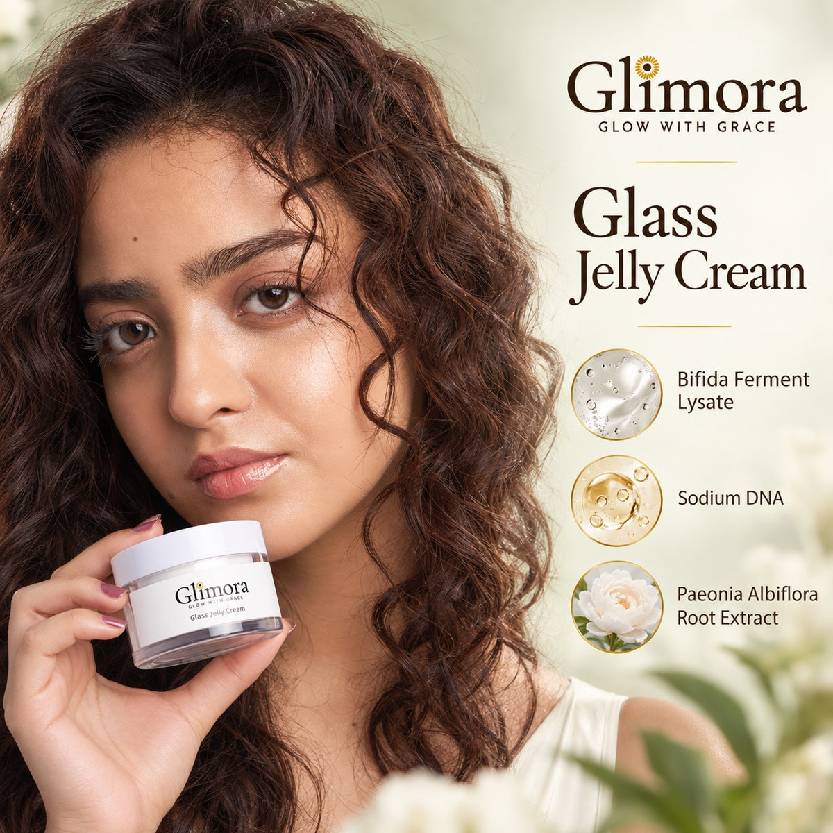 GLIMORA Glass Jelly Cream with bifida ferment lysate, sodium DNA and peony root extract ingredient highlights.