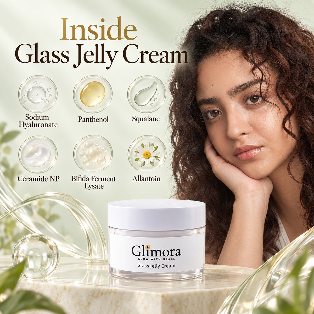 GLIMORA Glass Jelly Cream ingredient guide featuring sodium hyaluronate, panthenol, squalane and ceramide NP.