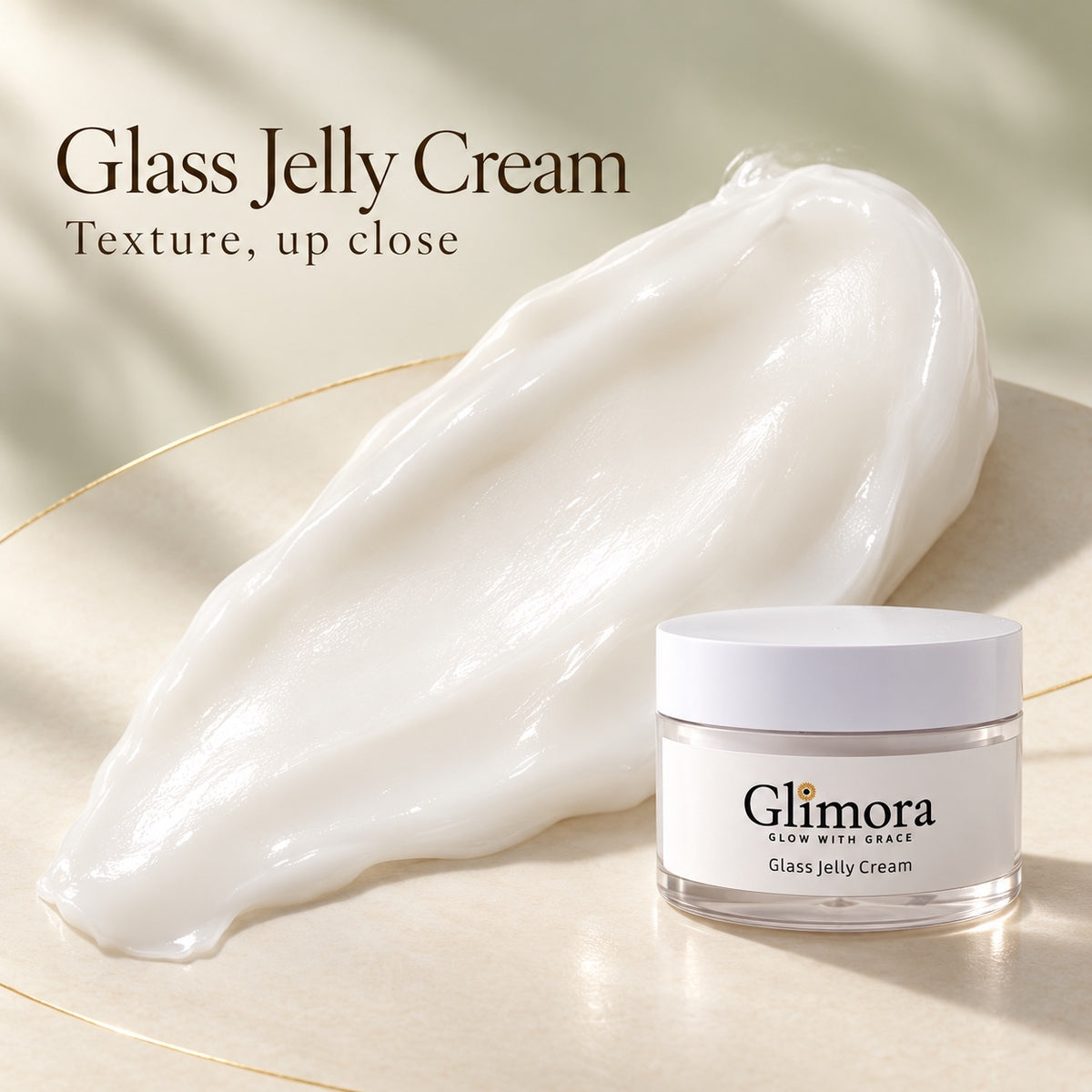 Close-up of GLIMORA Glass Jelly Cream texture beside the face cream jar.