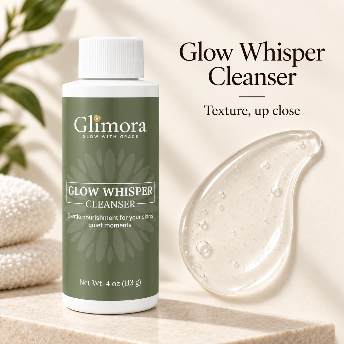GLIMORA GlowWhisper Cleanser bottle beside a close-up of its clear gel texture with small bubbles.