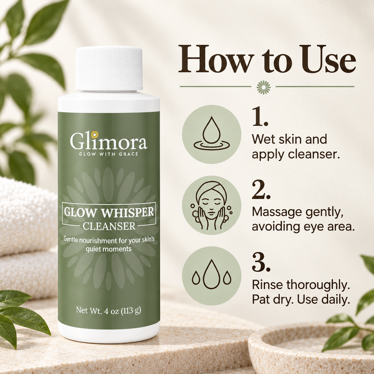 GLIMORA GlowWhisper Cleanser directions: wet skin, massage gently avoiding eyes, rinse thoroughly and pat dry.