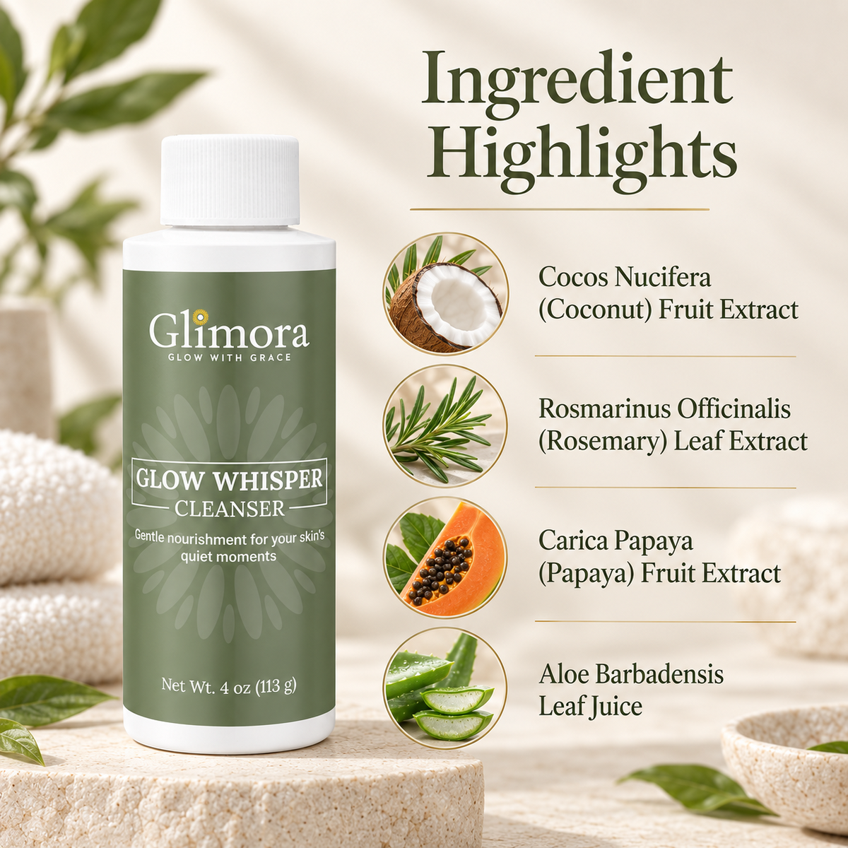 GLIMORA GlowWhisper Cleanser with coconut, rosemary, papaya and aloe ingredient highlights.