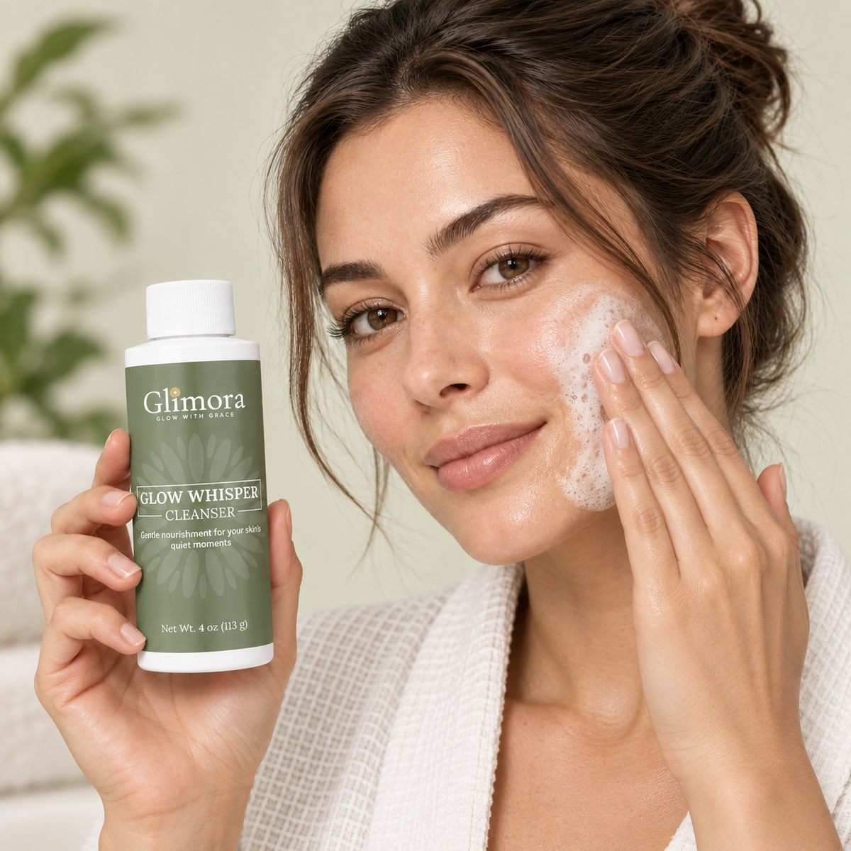 Model massaging foamy cleanser onto her cheek while holding GLIMORA GlowWhisper Cleanser.