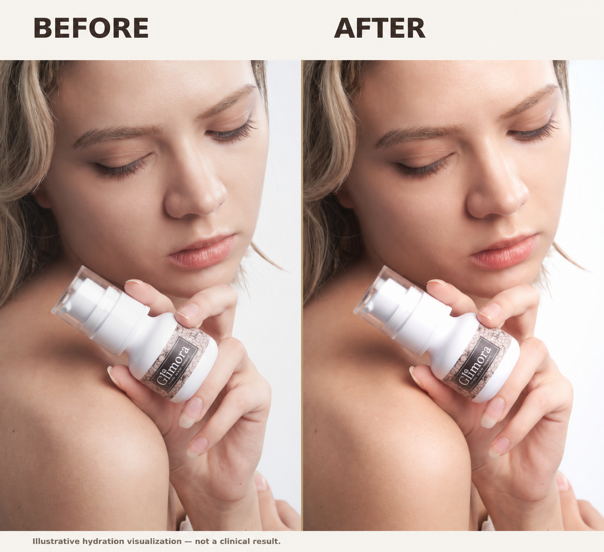 Illustrative hydration visualization for GLIMORA Multi-Molecular Hyaluronic Acid Essence; not verified customer results.