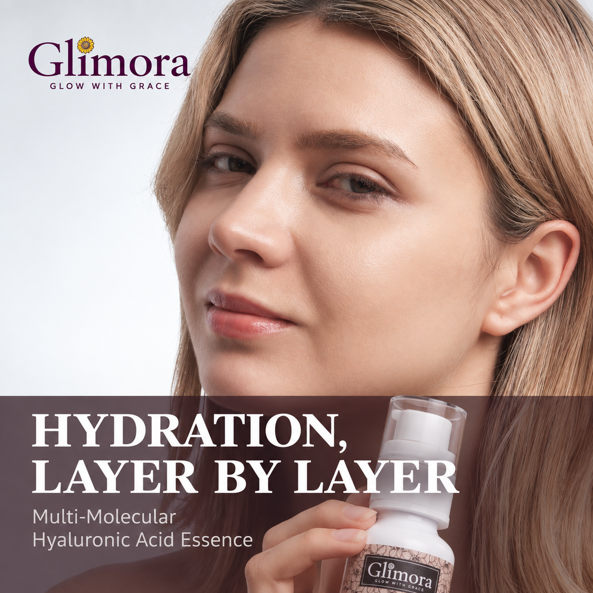 Model holding GLIMORA Multi-Molecular Hyaluronic Acid Essence.