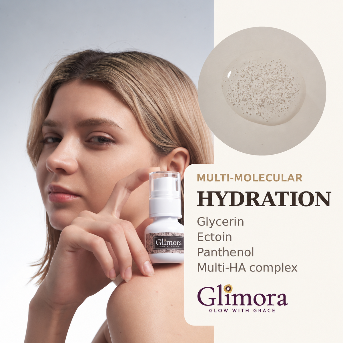 GLIMORA Multi-Molecular Hyaluronic Acid Essence model and texture.